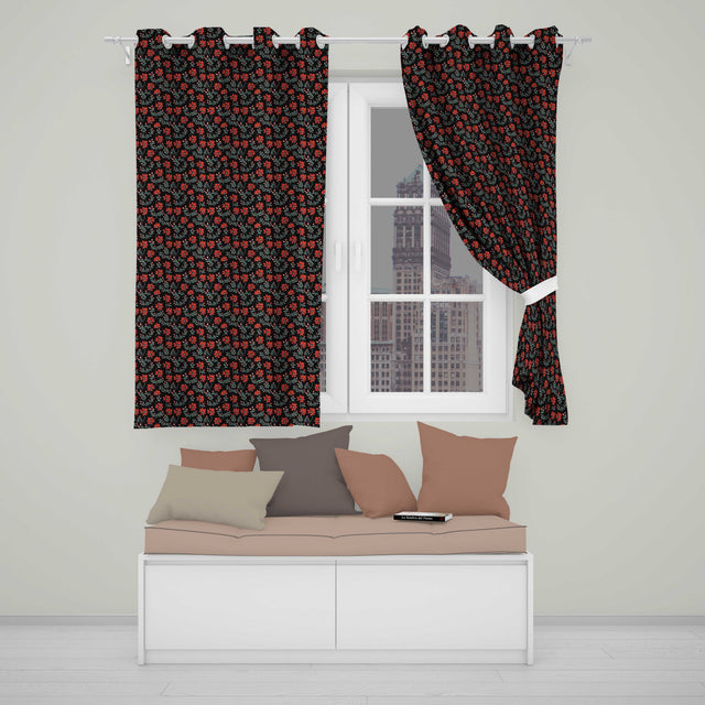 Bold Red Floral Sprigs on Dark Background Seamless Pattern  Readymade Eyelet Ring Top Thermal 100% Blackout Curtains