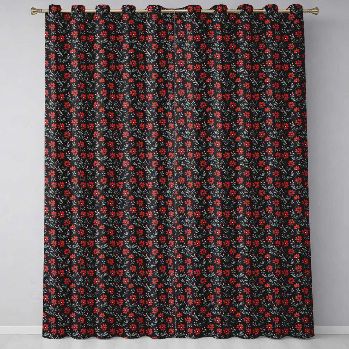 Bold Red Floral Sprigs on Dark Background Seamless Pattern  Readymade Eyelet Ring Top Thermal 100% Blackout Curtains