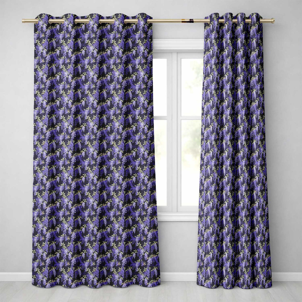 Rich Purple Wisteria on Dark Background Floral Seamless Pattern  Readymade Eyelet Ring Top Thermal 100% Blackout Curtains