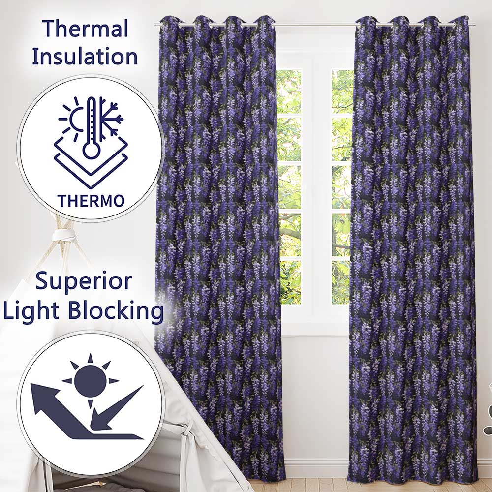 Dark Purple Wisteria Hanging Blossoms on Night Background Seamless Pattern  Readymade Eyelet Ring Top Thermal 100% Blackout Curtains