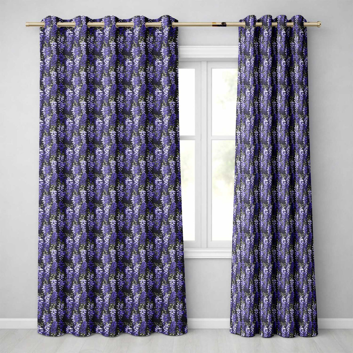 Dark Purple Wisteria Hanging Blossoms on Night Background Seamless Pattern  Readymade Eyelet Ring Top Thermal 100% Blackout Curtains