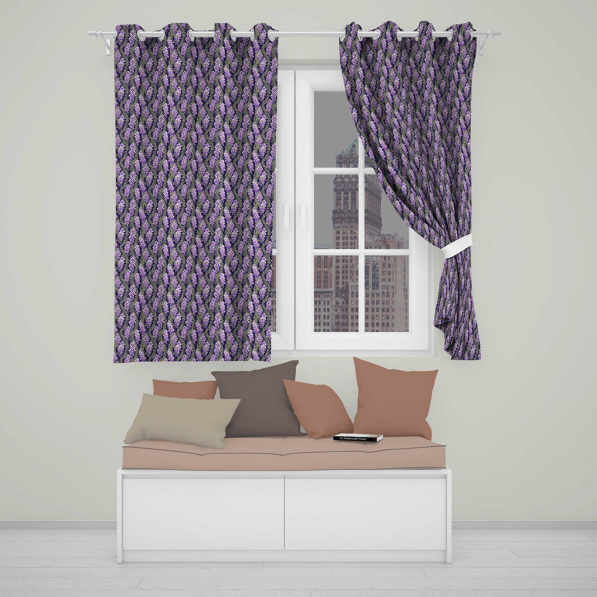 Purple Wisteria Vine Clusters with Natural Green Leaves Seamless Pattern  Readymade Eyelet Ring Top Thermal 100% Blackout Curtains