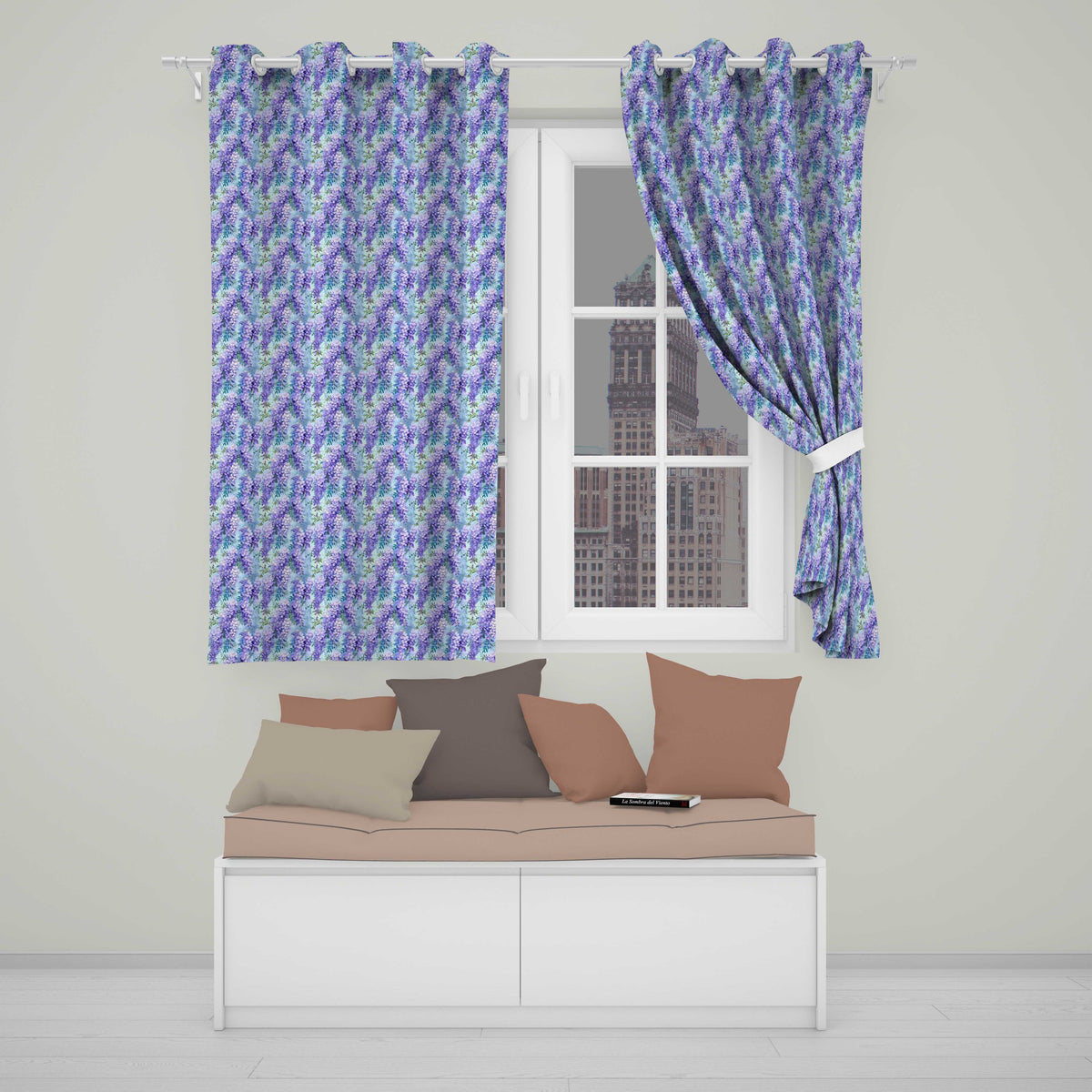 Soft Blue Background Purple Wisteria Floral Cascading Blossoms Seamless Pattern  Readymade Eyelet Ring Top Thermal 100% Blackout Curtains