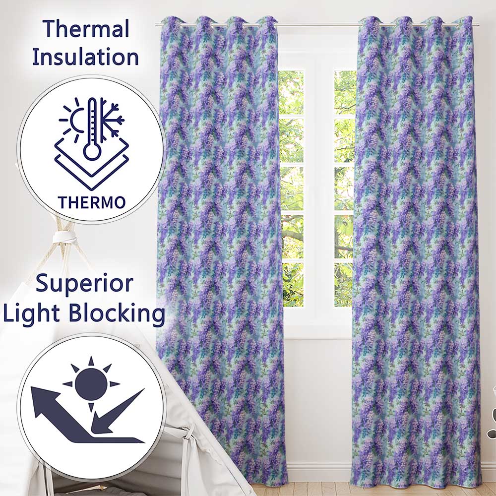 Soft Blue Background Purple Wisteria Floral Cascading Blossoms Seamless Pattern  Readymade Eyelet Ring Top Thermal 100% Blackout Curtains