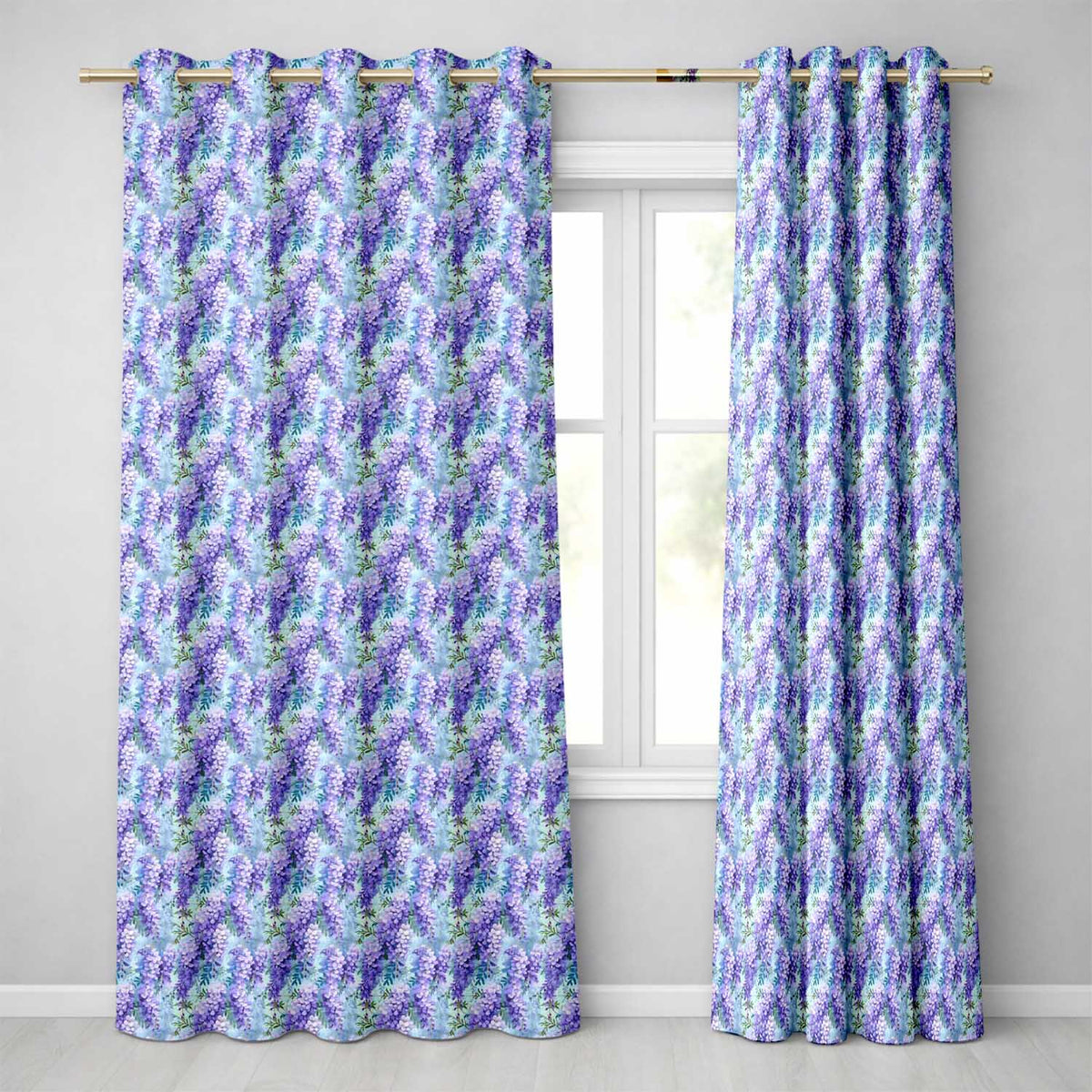 Soft Blue Background Purple Wisteria Floral Cascading Blossoms Seamless Pattern  Readymade Eyelet Ring Top Thermal 100% Blackout Curtains