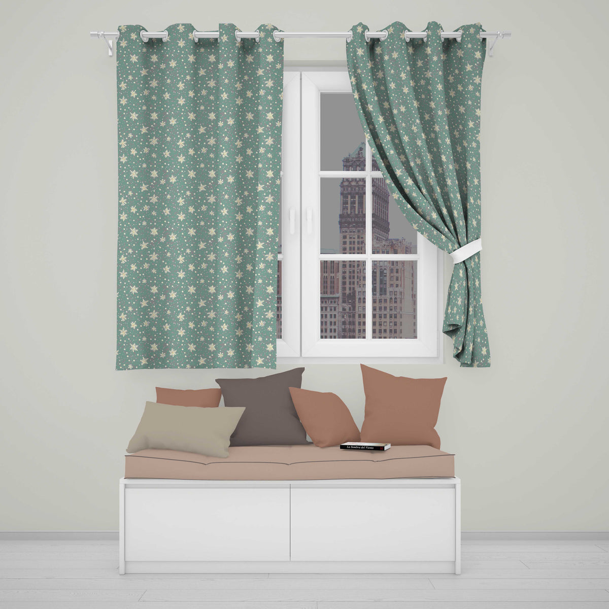 Muted Green Background Snowflake Floral Winter Seamless Pattern  Readymade Eyelet Ring Top Thermal 100% Blackout Curtains