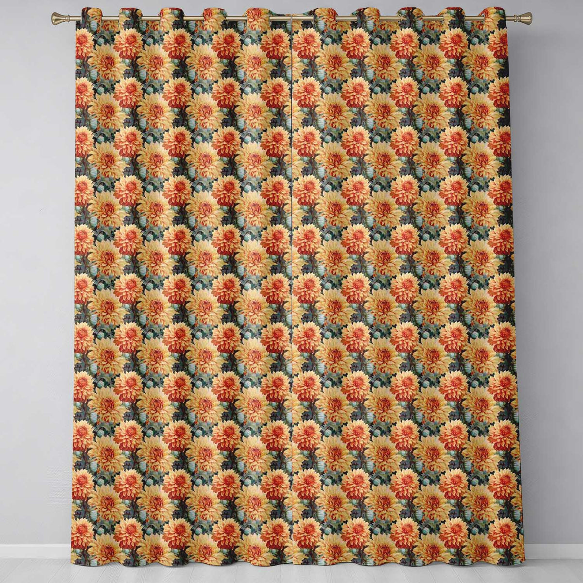 Warm Autumn Dahlia Flowers Vintage Botanical Seamless Pattern  Readymade Eyelet Ring Top Thermal 100% Blackout Curtains