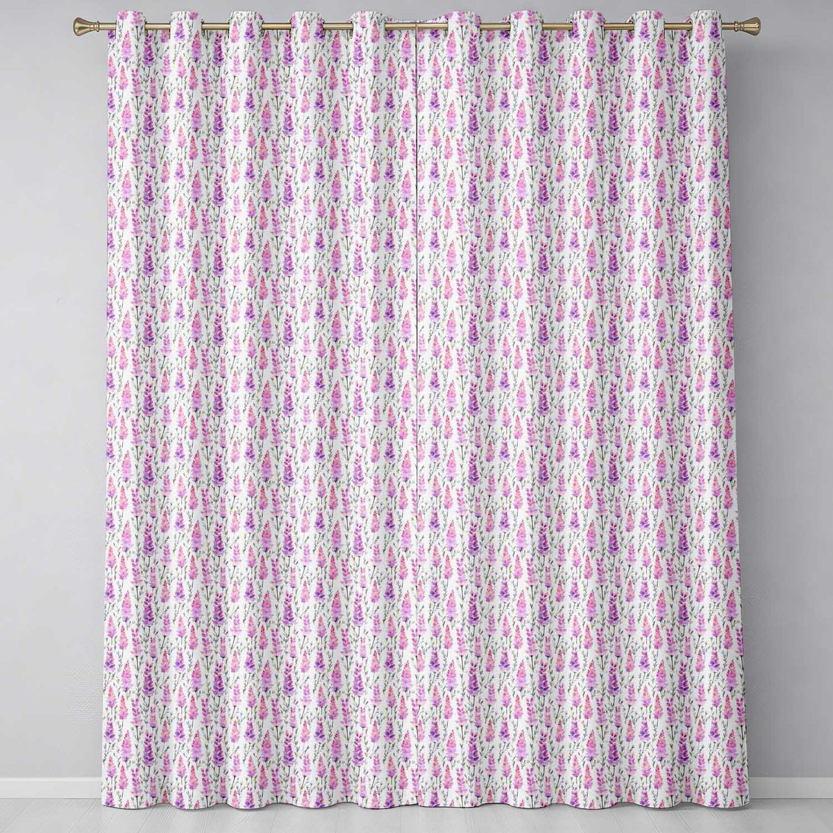 Purple Wildflower Meadow Watercolor Seamless Pattern  Readymade Eyelet Ring Top Thermal 100% Blackout Curtains