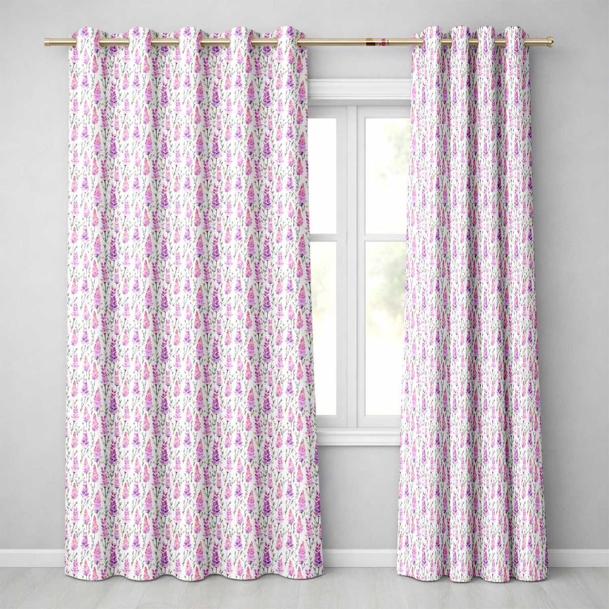 Purple Wildflower Meadow Watercolor Seamless Pattern  Readymade Eyelet Ring Top Thermal 100% Blackout Curtains
