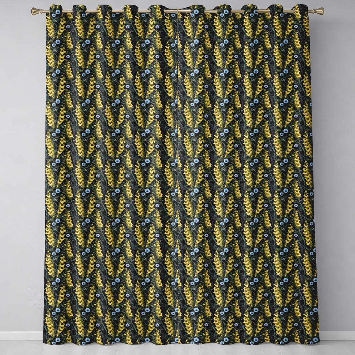 Yellow Wildflower Botanical Garden Dark Seamless Pattern  Readymade Eyelet Ring Top Thermal 100% Blackout Curtains