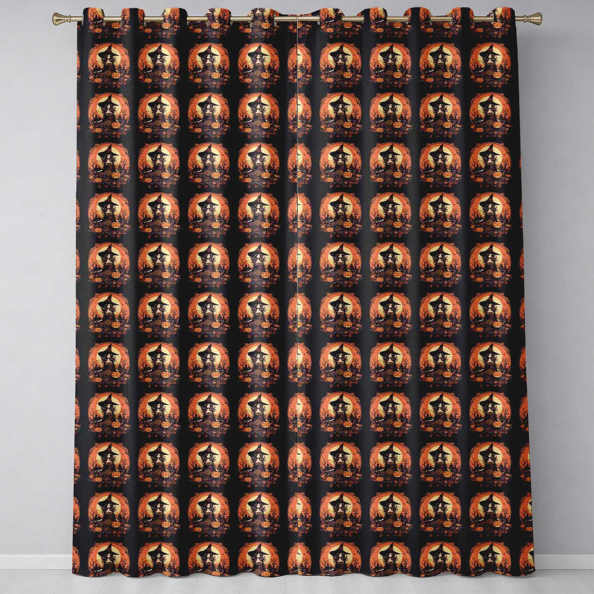 Autumn Witch Pumpkin Scene Spooky Night Seamless Pattern  Readymade Eyelet Ring Top Thermal 100% Blackout Curtains