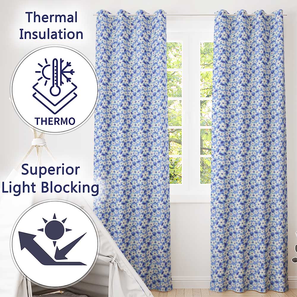 Blue White Daisy Floral Seamless Pattern Soft Botanical Background  Readymade Eyelet Ring Top Thermal 100% Blackout Curtains