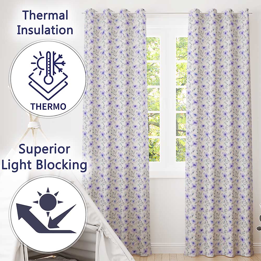 Delicate Blue Watercolor Flowers and Leaves Seamless Pattern Elegant Botanical  Readymade Eyelet Ring Top Thermal 100% Blackout Curtains