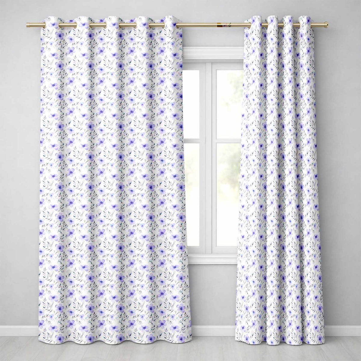 Delicate Blue Watercolor Flowers and Leaves Seamless Pattern Elegant Botanical  Readymade Eyelet Ring Top Thermal 100% Blackout Curtains