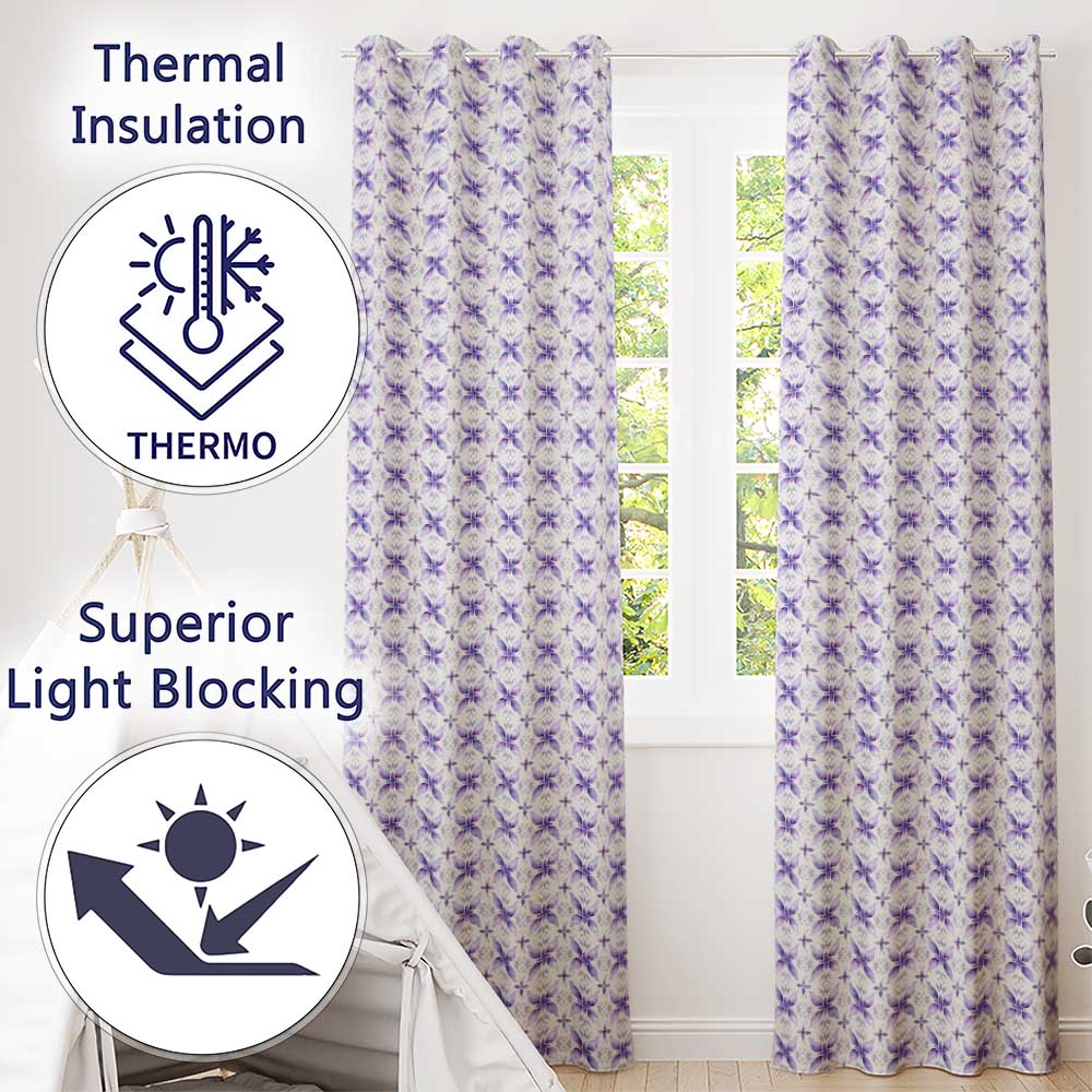 Purple Floral Tile Symmetry Seamless Pattern Elegant Geometric Botanical  Readymade Eyelet Ring Top Thermal 100% Blackout Curtains