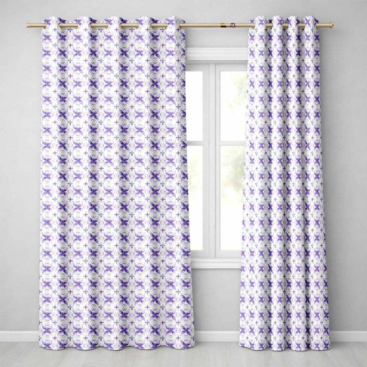 Purple Floral Tile Symmetry Seamless Pattern Elegant Geometric Botanical  Readymade Eyelet Ring Top Thermal 100% Blackout Curtains