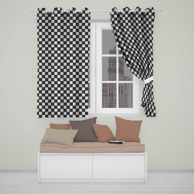 Black White Wavy Checkerboard Seamless Pattern  Geometric Style  Readymade Eyelet Ring Top Thermal 100% Blackout Curtains
