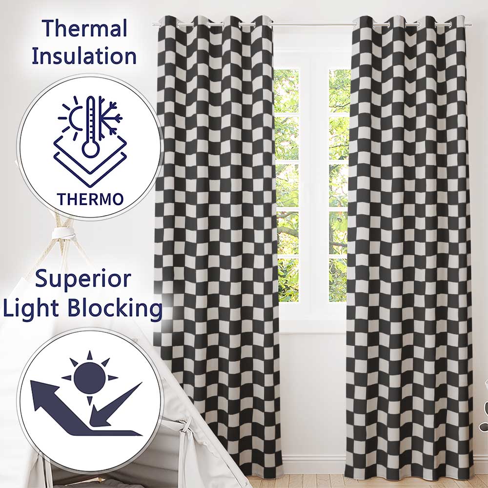 Black White Wavy Checkerboard Seamless Pattern  Geometric Style  Readymade Eyelet Ring Top Thermal 100% Blackout Curtains