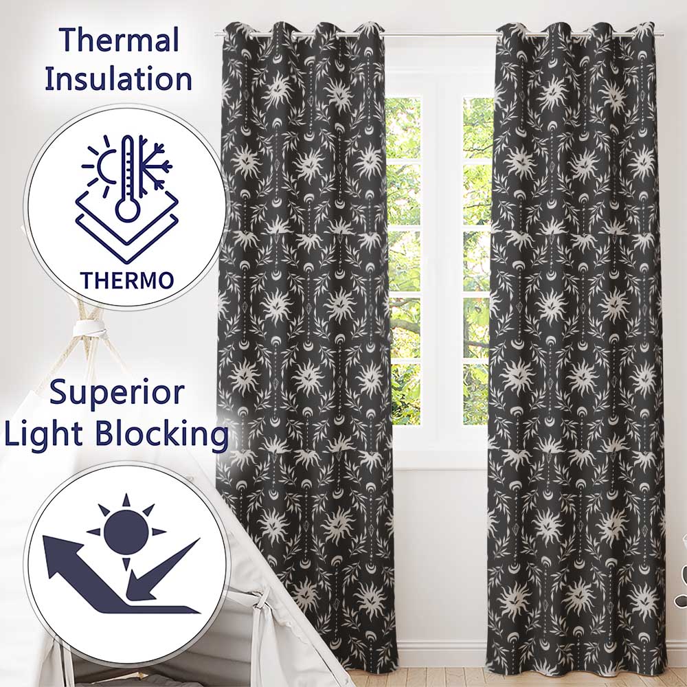 Celestial Sun Moon Botanical Seamless Pattern Mystical Nature Design  Readymade Eyelet Ring Top Thermal 100% Blackout Curtains