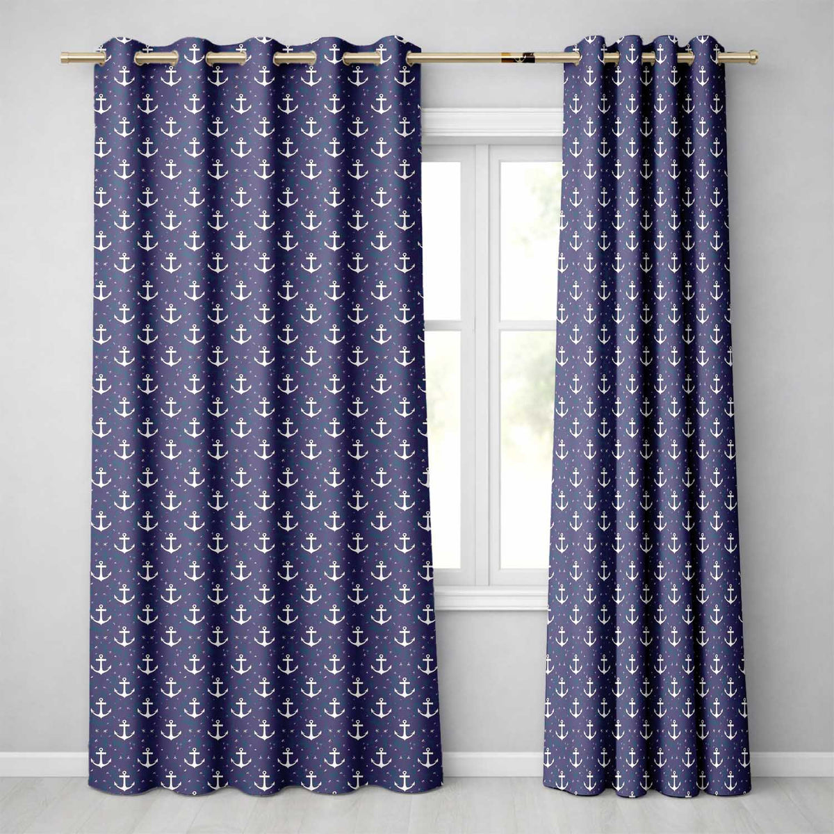 Simple Anchor Star Navy Seamless Pattern Minimal Nautical Ocean Theme  Readymade Eyelet Ring Top Thermal 100% Blackout Curtains