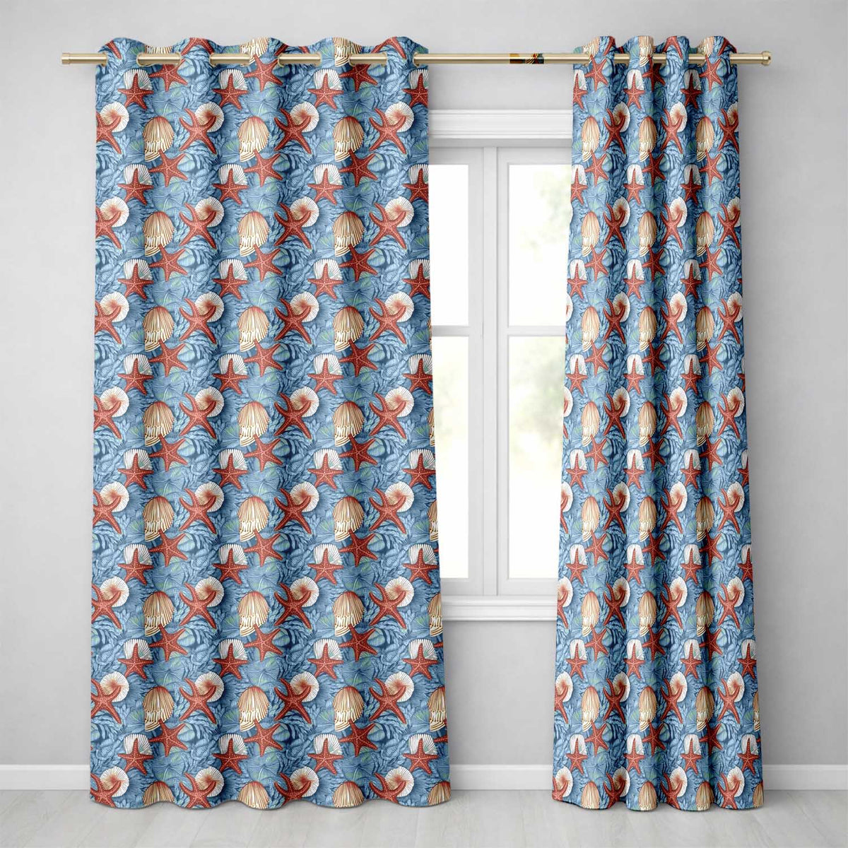 Vintage Seashell Starfish Ocean Seamless Pattern Coastal Marine Life Design  Readymade Eyelet Ring Top Thermal 100% Blackout Curtains