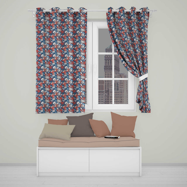 Classic Seashell Starfish Navy Seamless Pattern Coastal Ocean Marine Design  Readymade Eyelet Ring Top Thermal 100% Blackout Curtains