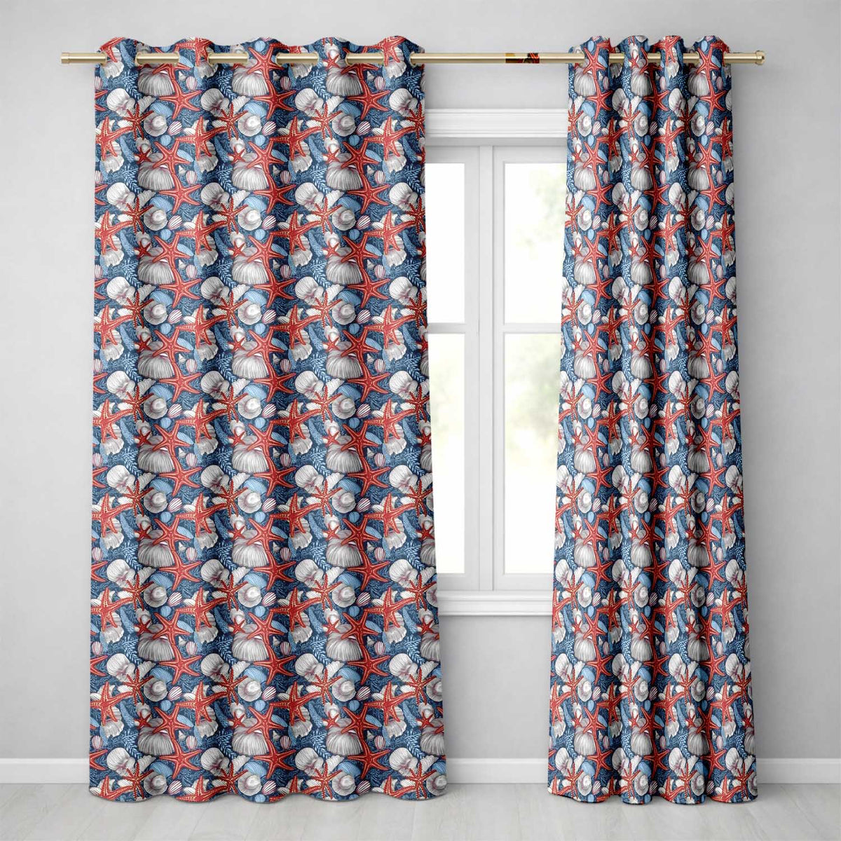 Classic Seashell Starfish Navy Seamless Pattern Coastal Ocean Marine Design  Readymade Eyelet Ring Top Thermal 100% Blackout Curtains