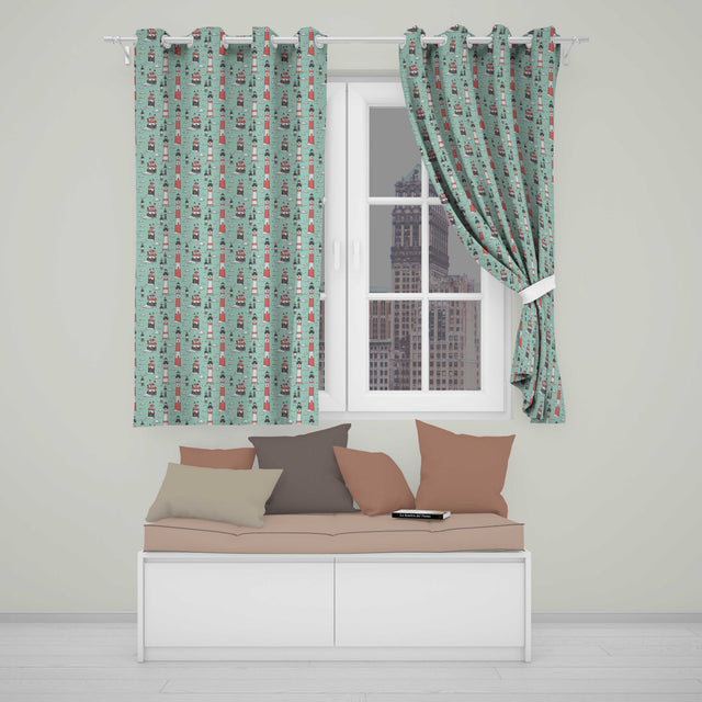 Whimsical Lighthouse Cloud Sky Seamless Pattern Nautical Coastal Scene  Readymade Eyelet Ring Top Thermal 100% Blackout Curtains