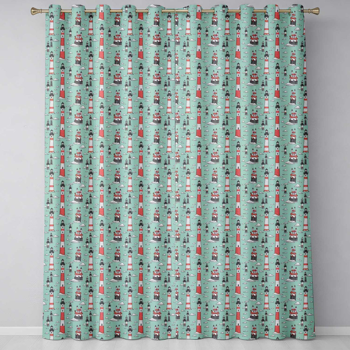 Whimsical Lighthouse Cloud Sky Seamless Pattern Nautical Coastal Scene  Readymade Eyelet Ring Top Thermal 100% Blackout Curtains