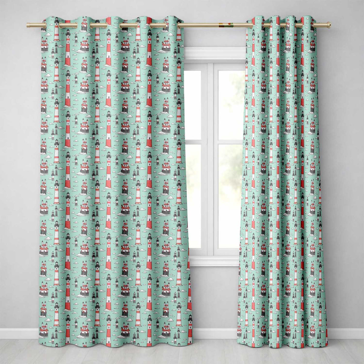 Whimsical Lighthouse Cloud Sky Seamless Pattern Nautical Coastal Scene  Readymade Eyelet Ring Top Thermal 100% Blackout Curtains