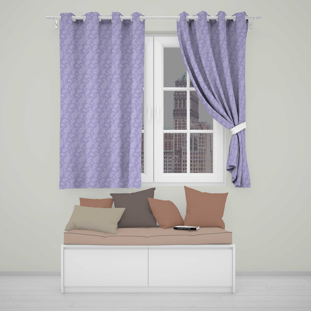 Classic White Paisley Pattern on Light Lavender Background Seamless  Readymade Eyelet Ring Top Thermal 100% Blackout Curtains