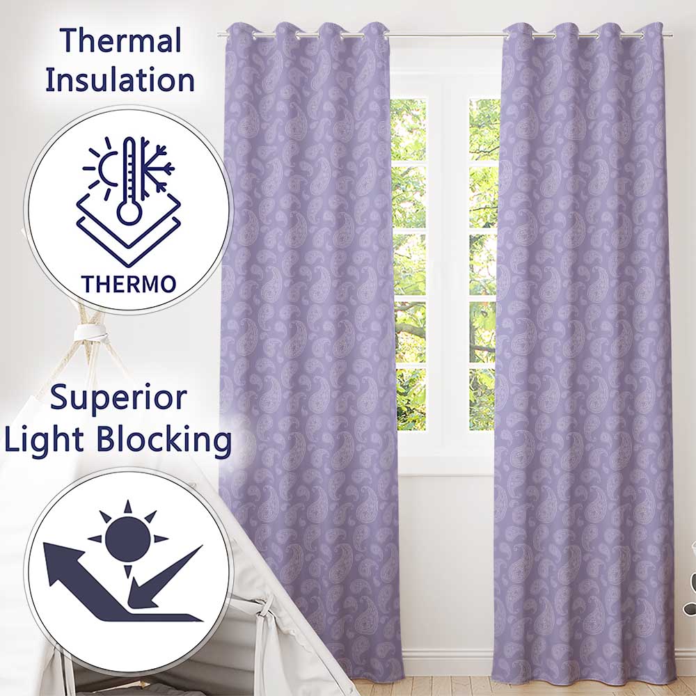 Classic White Paisley Pattern on Light Lavender Background Seamless  Readymade Eyelet Ring Top Thermal 100% Blackout Curtains