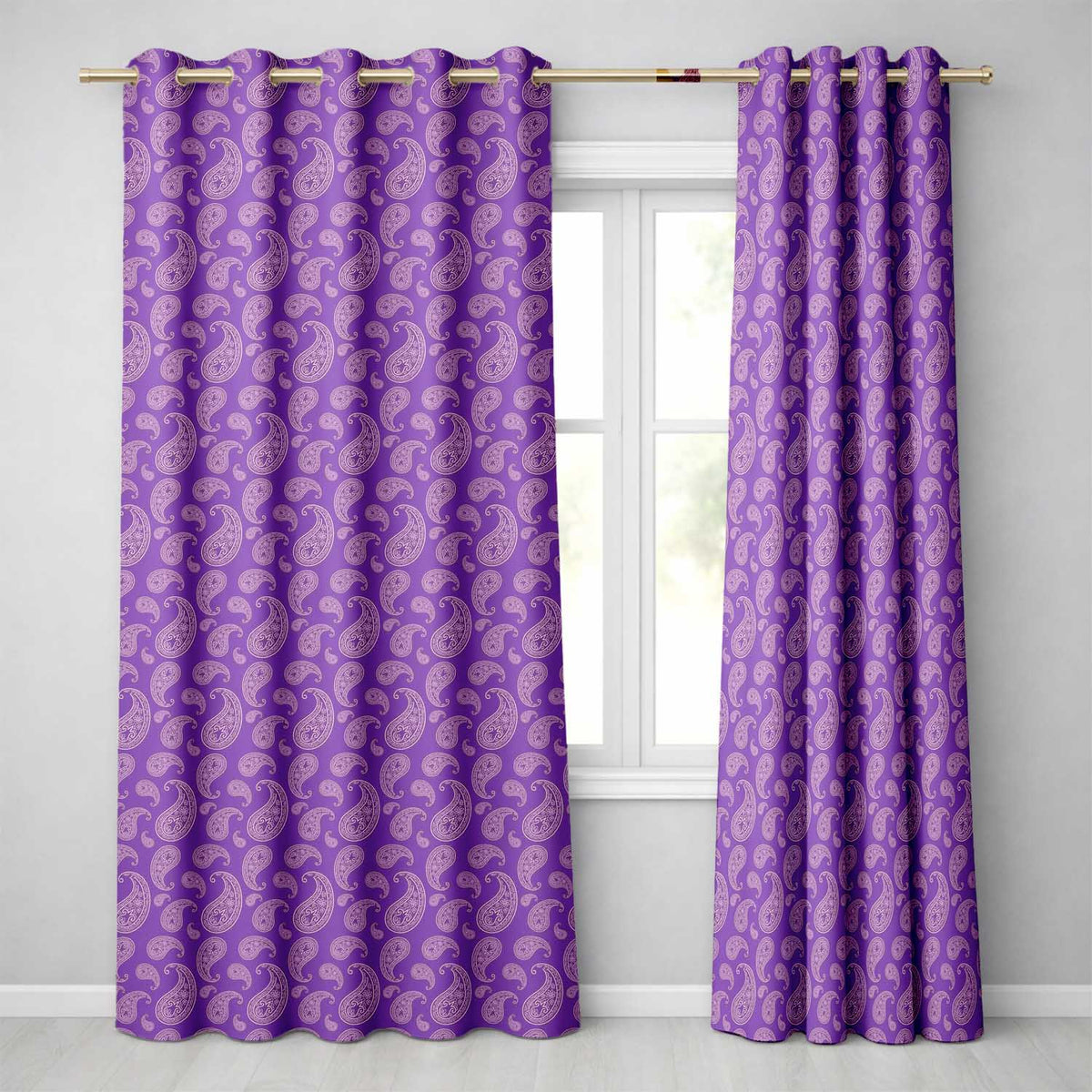 Classic White Paisley Motif on Rich Violet Purple Background Seamless  Readymade Eyelet Ring Top Thermal 100% Blackout Curtains