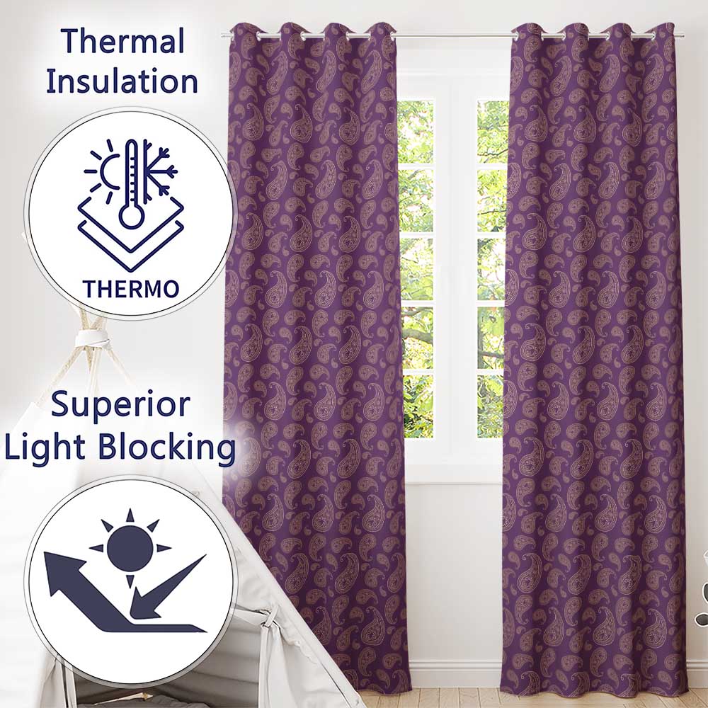 Vintage White Paisley Floral Pattern on Dark Burgundy Purple Seamless  Readymade Eyelet Ring Top Thermal 100% Blackout Curtains