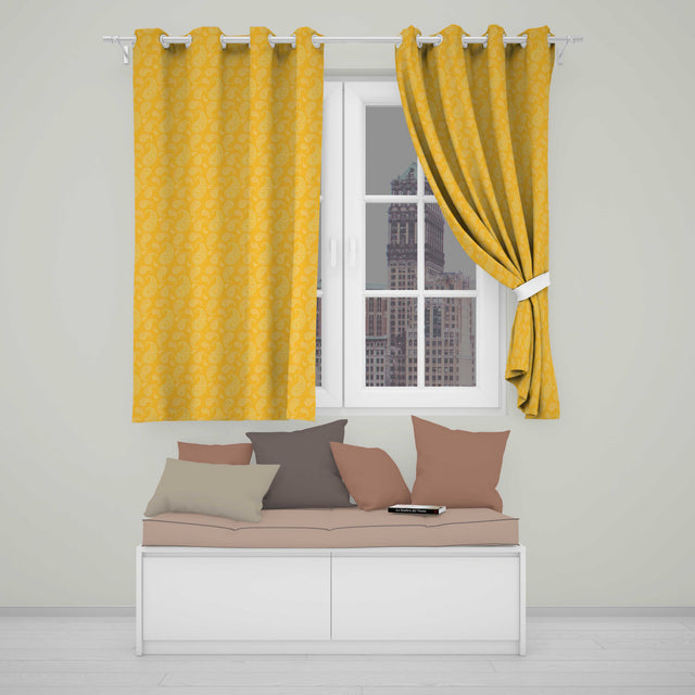 Elegant White Paisley Pattern Yellow Gradient Background Seamless  Readymade Eyelet Ring Top Thermal 100% Blackout Curtains