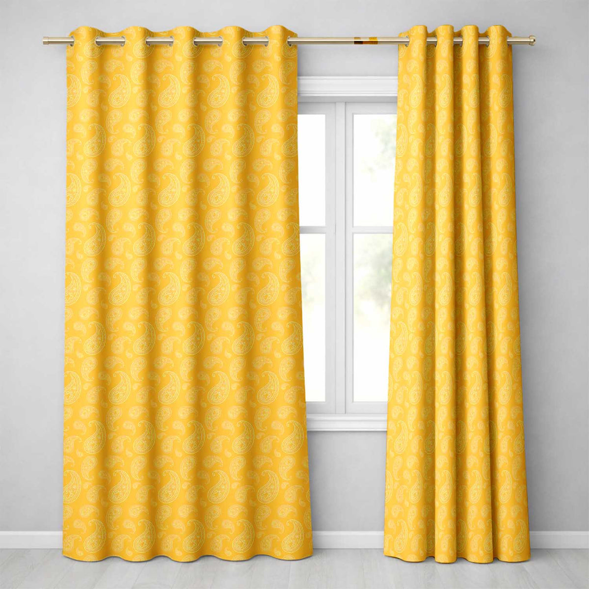 Elegant White Paisley Pattern Yellow Gradient Background Seamless  Readymade Eyelet Ring Top Thermal 100% Blackout Curtains