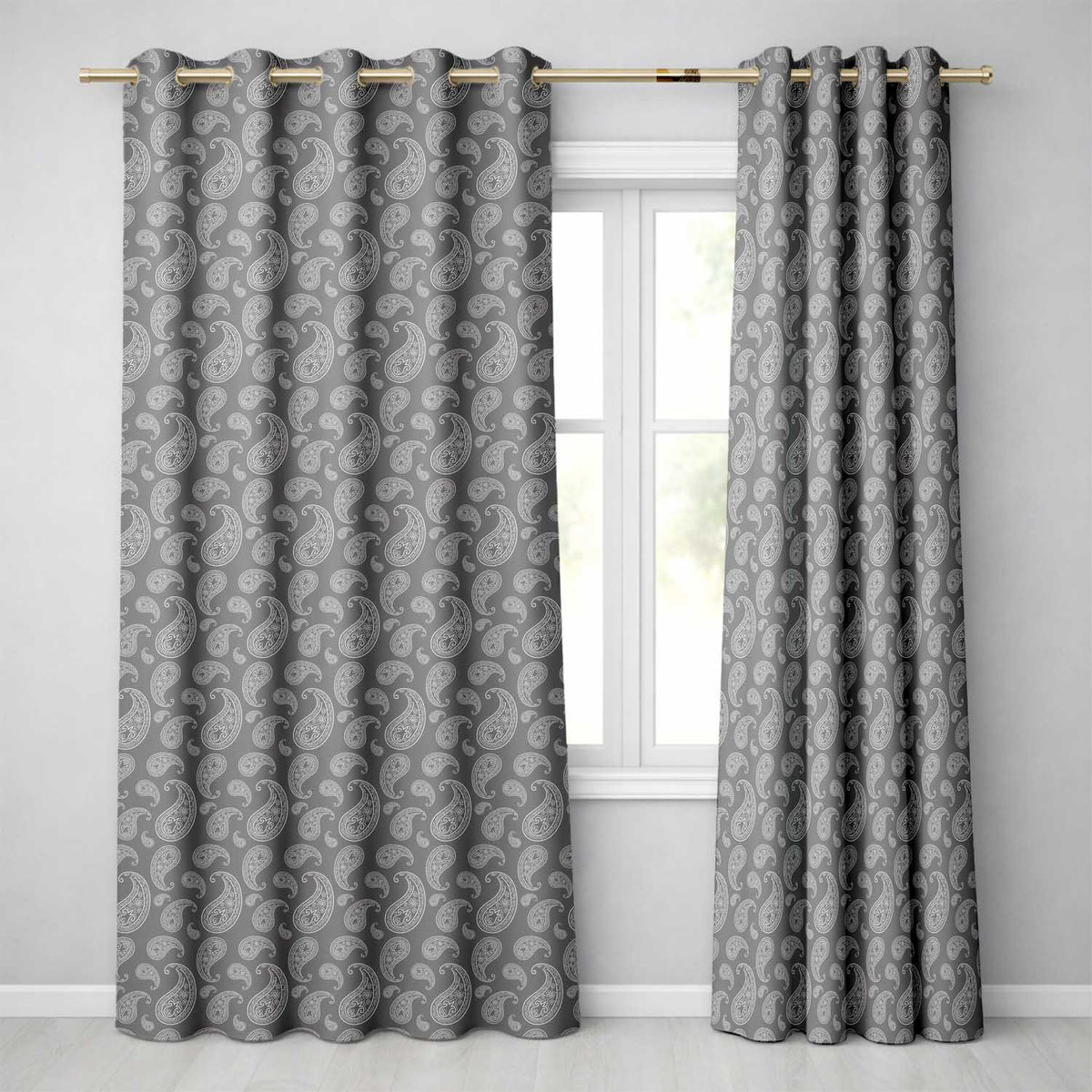 Elegant White Paisley Pattern Dark Graphite Grey Gradient Background Seamless  Readymade Eyelet Ring Top Thermal 100% Blackout Curtains