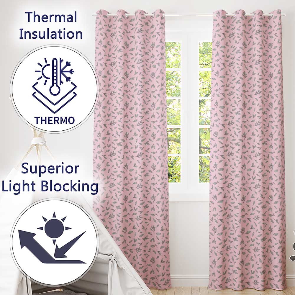 Minimalist Blue Leaf Sprig Pattern Soft Blush Pink Background Seamless  Readymade Eyelet Ring Top Thermal 100% Blackout Curtains