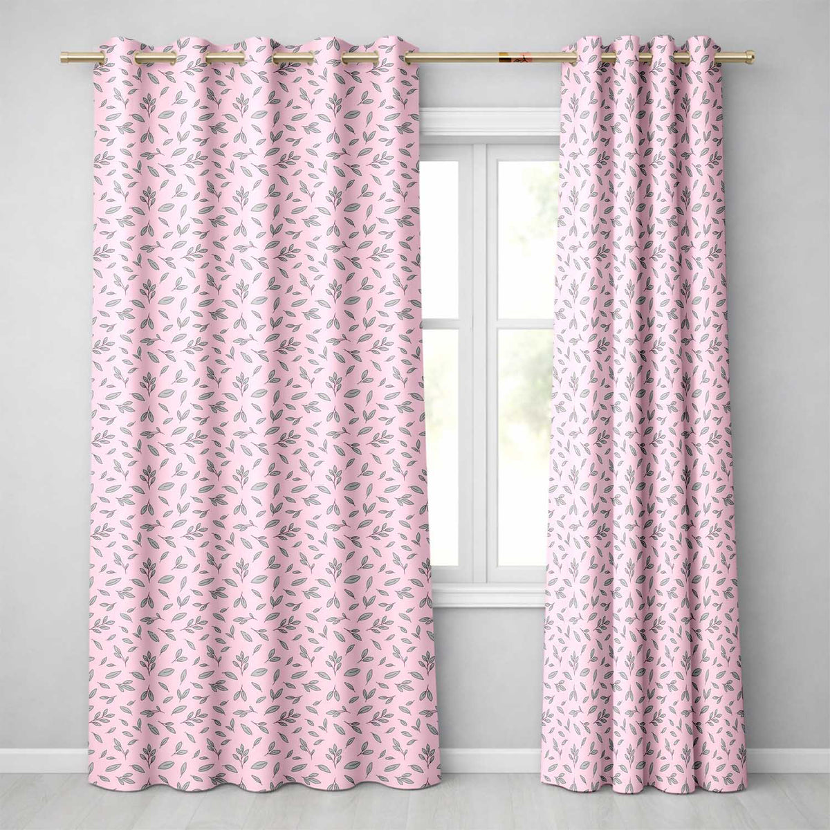 Minimalist Blue Leaf Sprig Pattern Soft Blush Pink Background Seamless  Readymade Eyelet Ring Top Thermal 100% Blackout Curtains