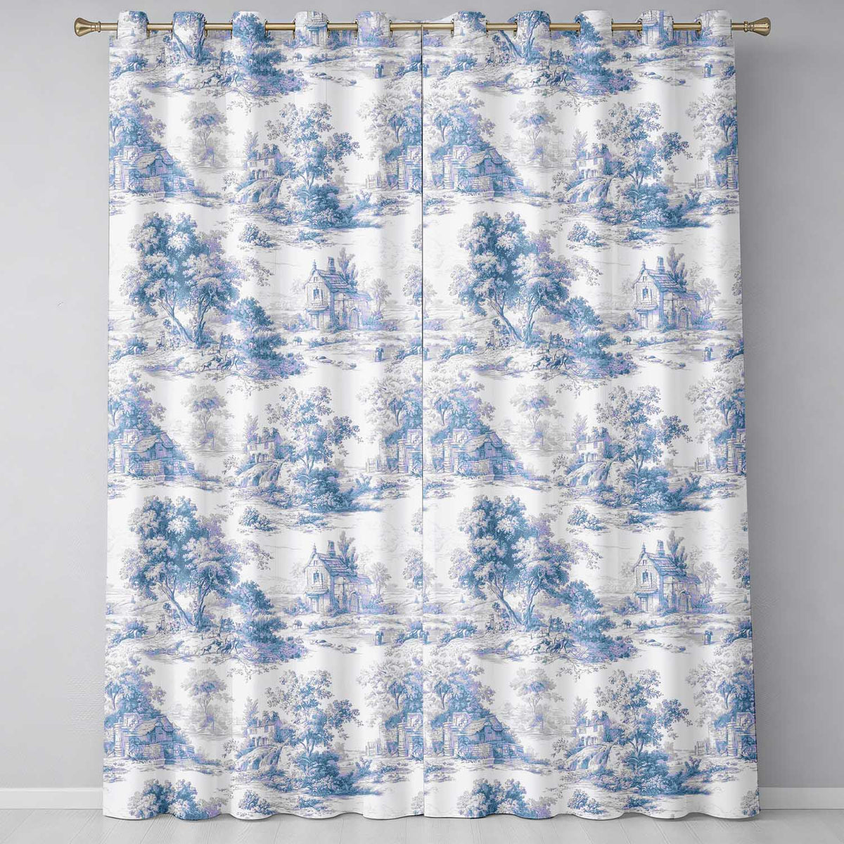 Vintage Toile Countryside Scenic Pattern Blue and White Seamless  Readymade Eyelet Ring Top Thermal 100% Blackout Curtains