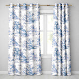 Vintage Toile Countryside Scenic Pattern Blue and White Seamless  Readymade Eyelet Ring Top Thermal 100% Blackout Curtains