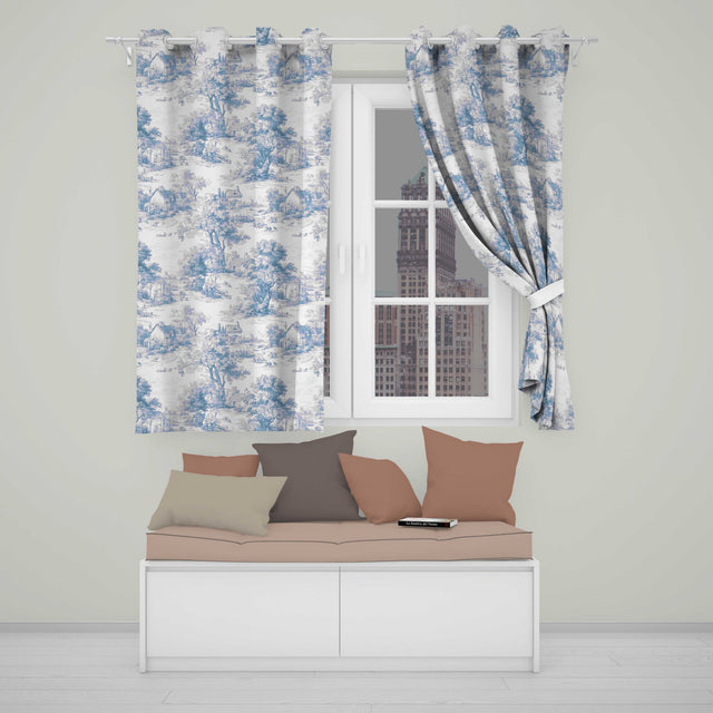 Vintage Toile Countryside Scenic Pattern Classic Blue and White Seamless  Readymade Eyelet Ring Top Thermal 100% Blackout Curtains