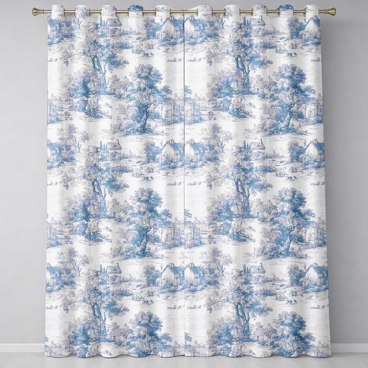 Vintage Toile Countryside Scenic Pattern Classic Blue and White Seamless  Readymade Eyelet Ring Top Thermal 100% Blackout Curtains
