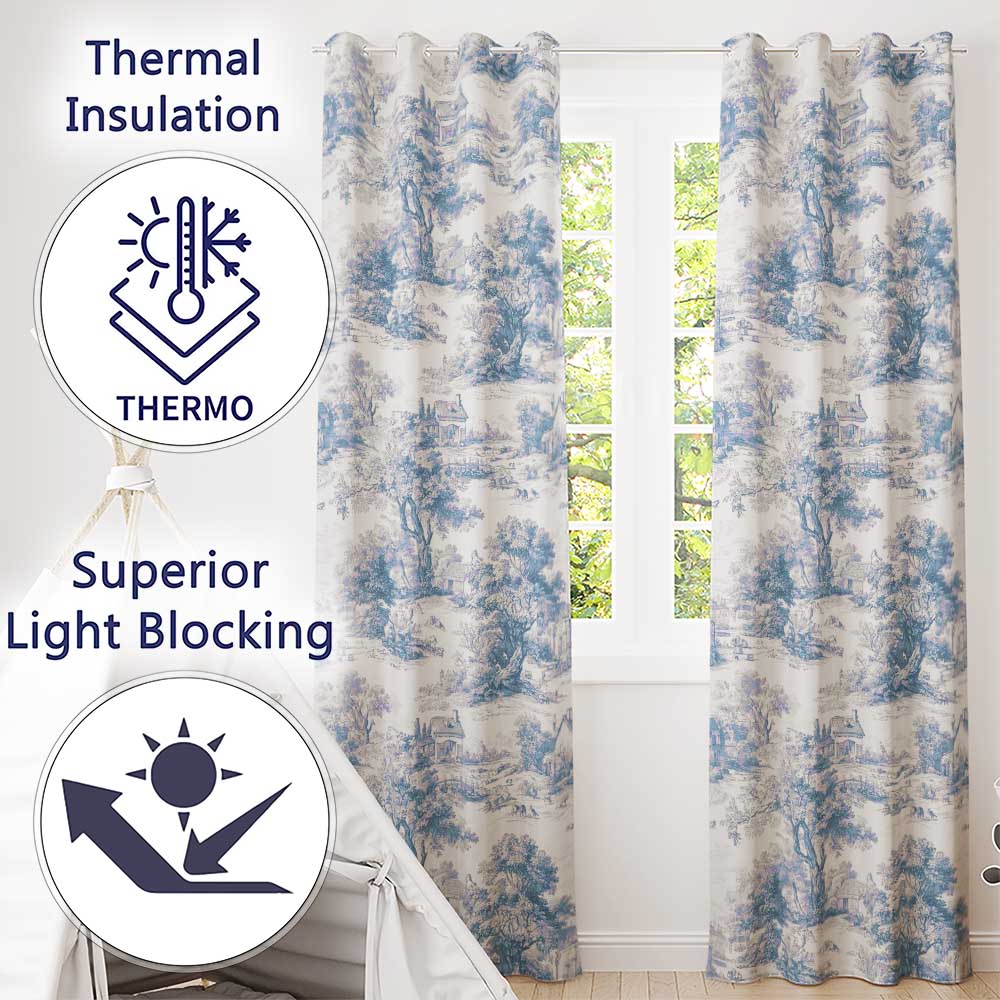 Vintage Toile Countryside Scenic Pattern Classic Blue and White Seamless  Readymade Eyelet Ring Top Thermal 100% Blackout Curtains
