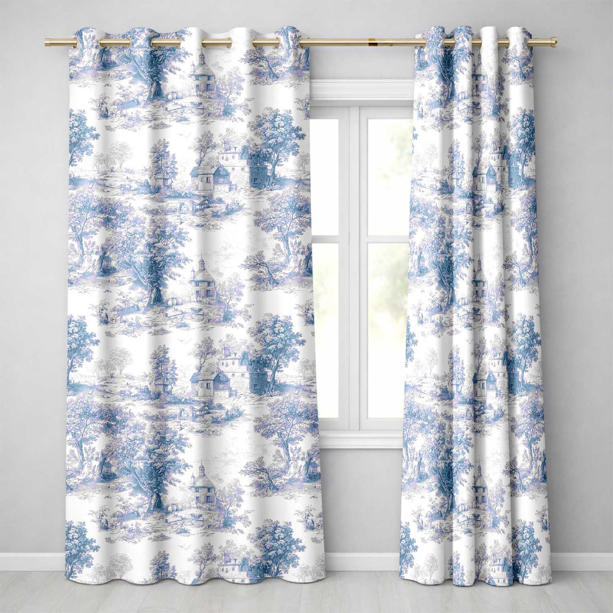 Vintage Toile Countryside Cottage Scene Blue White Seamless Pattern  Readymade Eyelet Ring Top Thermal 100% Blackout Curtains