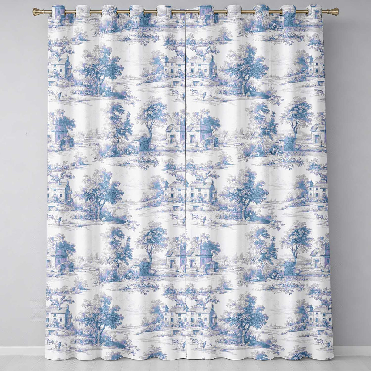 Vintage Toile Rural Landscape Farm Scene Blue White Seamless Pattern  Readymade Eyelet Ring Top Thermal 100% Blackout Curtains