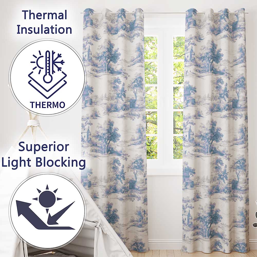 Vintage Toile Rural Landscape Farm Scene Blue White Seamless Pattern  Readymade Eyelet Ring Top Thermal 100% Blackout Curtains
