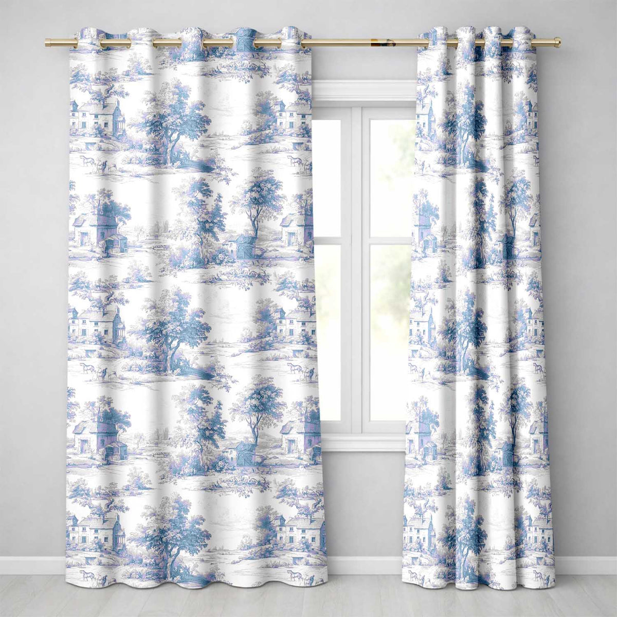 Vintage Toile Rural Landscape Farm Scene Blue White Seamless Pattern  Readymade Eyelet Ring Top Thermal 100% Blackout Curtains