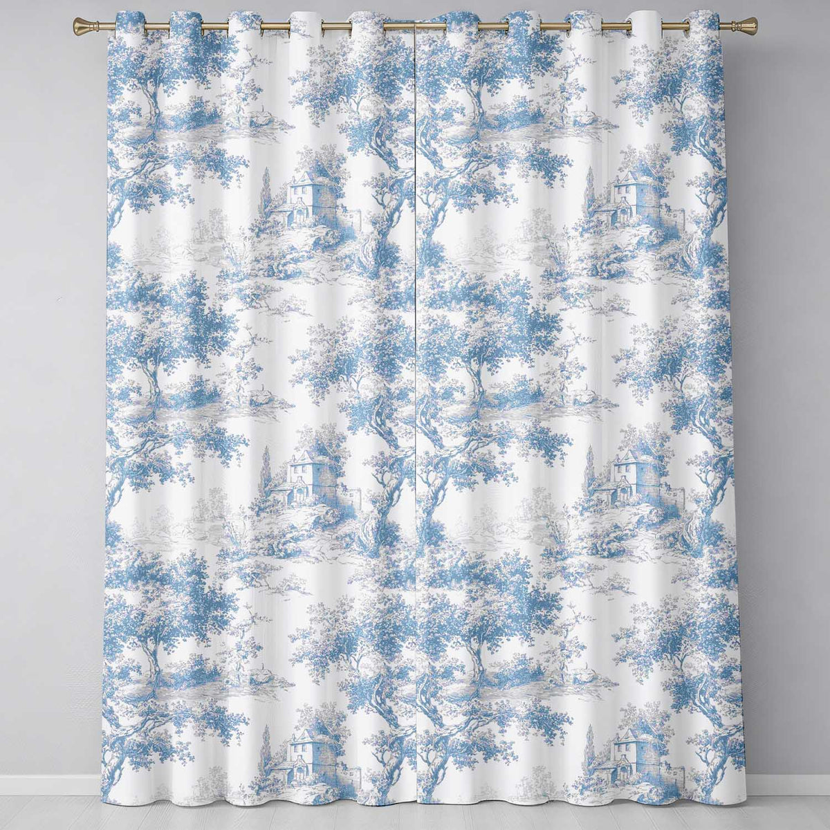 Vintage Toile Scenic Countryside Trees Village Blue White Seamless Pattern  Readymade Eyelet Ring Top Thermal 100% Blackout Curtains