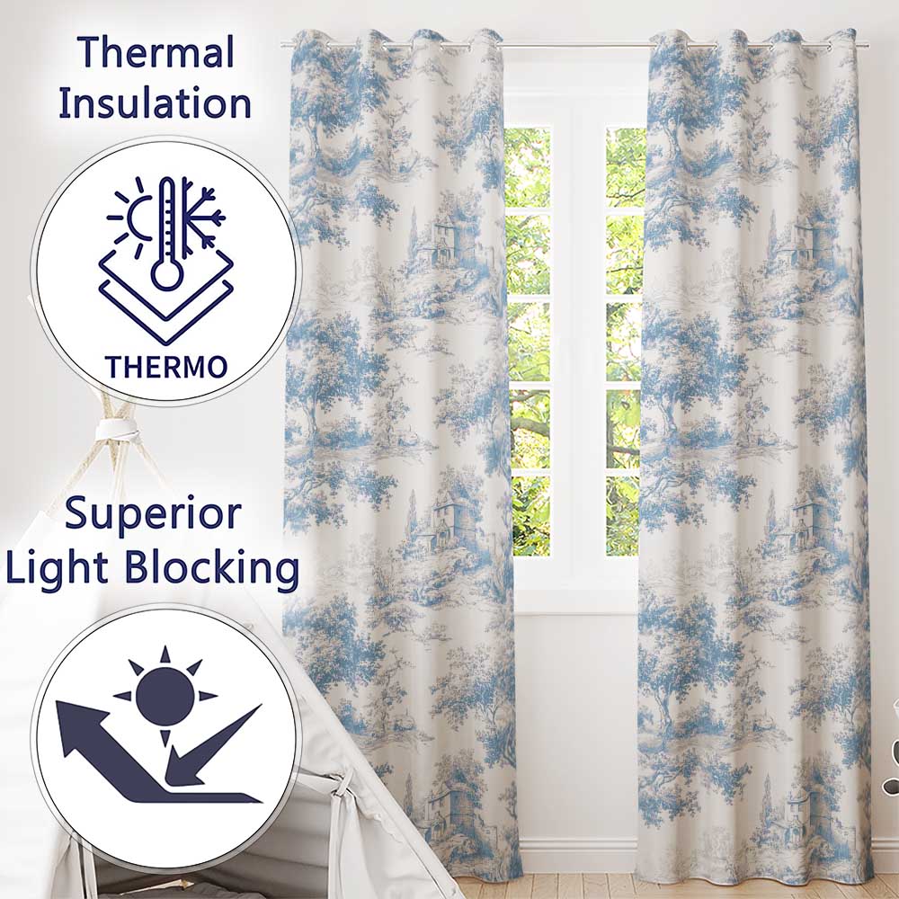 Vintage Toile Scenic Countryside Trees Village Blue White Seamless Pattern  Readymade Eyelet Ring Top Thermal 100% Blackout Curtains